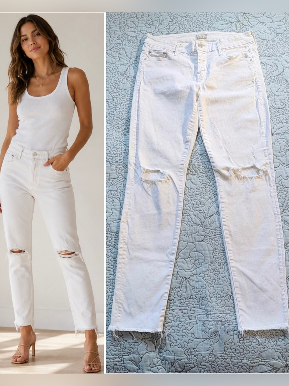 💥MOTHER The Looker Ankle Fray Little Miss Innocent White Distressed Jeans~28🧡